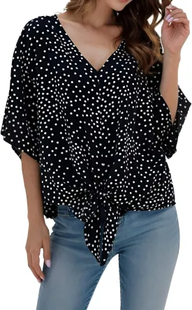 Women Tie Front Tops Sexy V Neck Short Sleeve Boho Shirts Summer Floral Chiffon Work Blouses