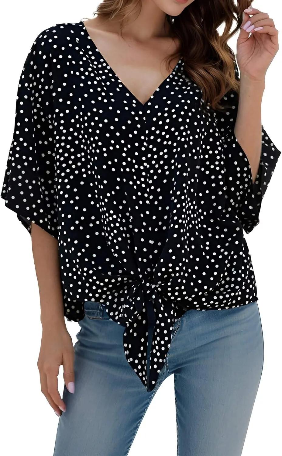 Women Tie Front Tops Sexy V Neck Short Sleeve Boho Shirts Summer Floral Chiffon Work Blouses