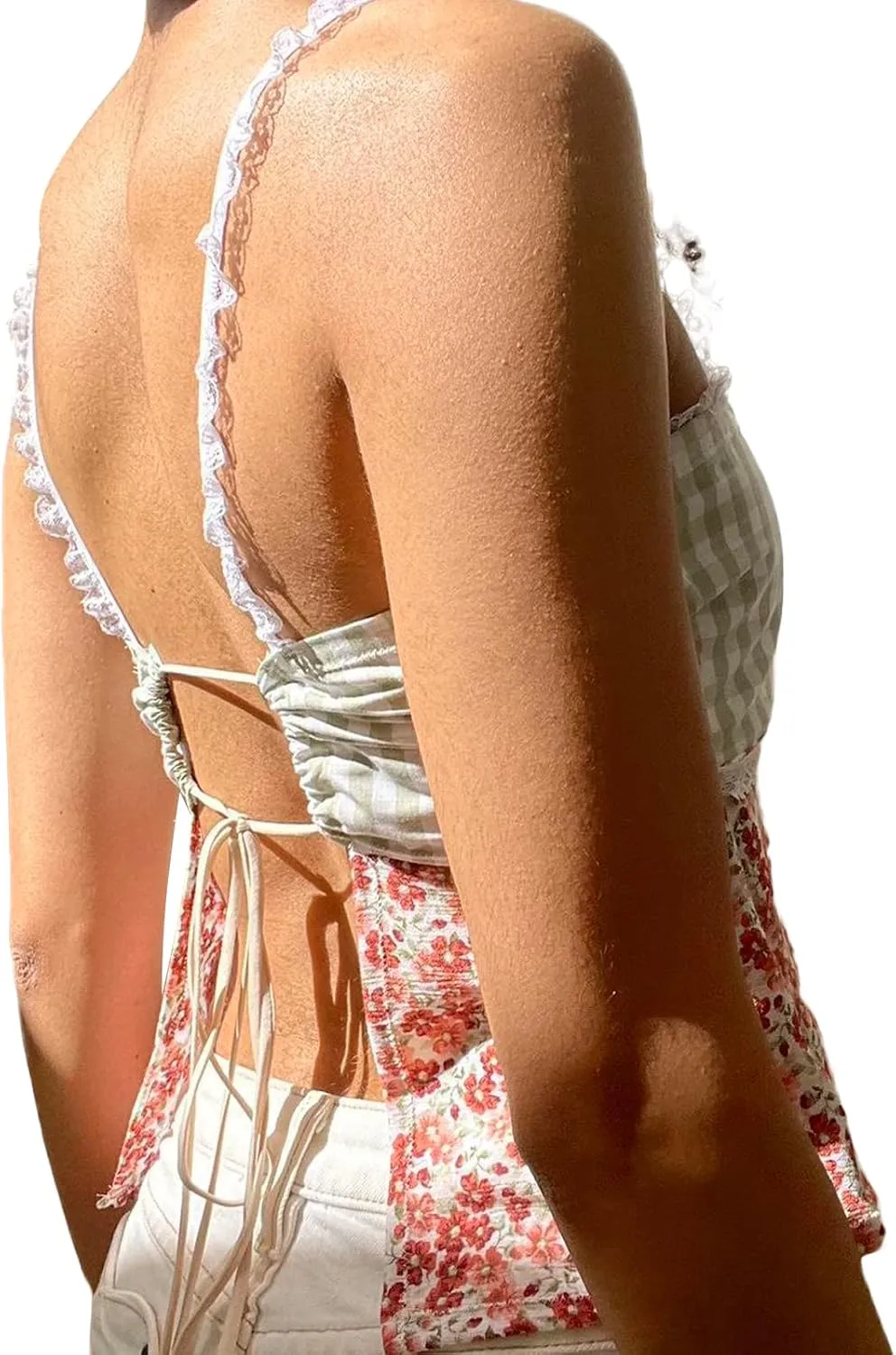 Women Y2k Backless Tank Top Vintage Lace Trim Floral Patchwork Cami Crop Top Summer Party Club Vest 00s Retro Shirt