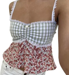 Women Y2k Backless Tank Top Vintage Lace Trim Floral Patchwork Cami Crop Top Summer Party Club Vest 00s Retro Shirt