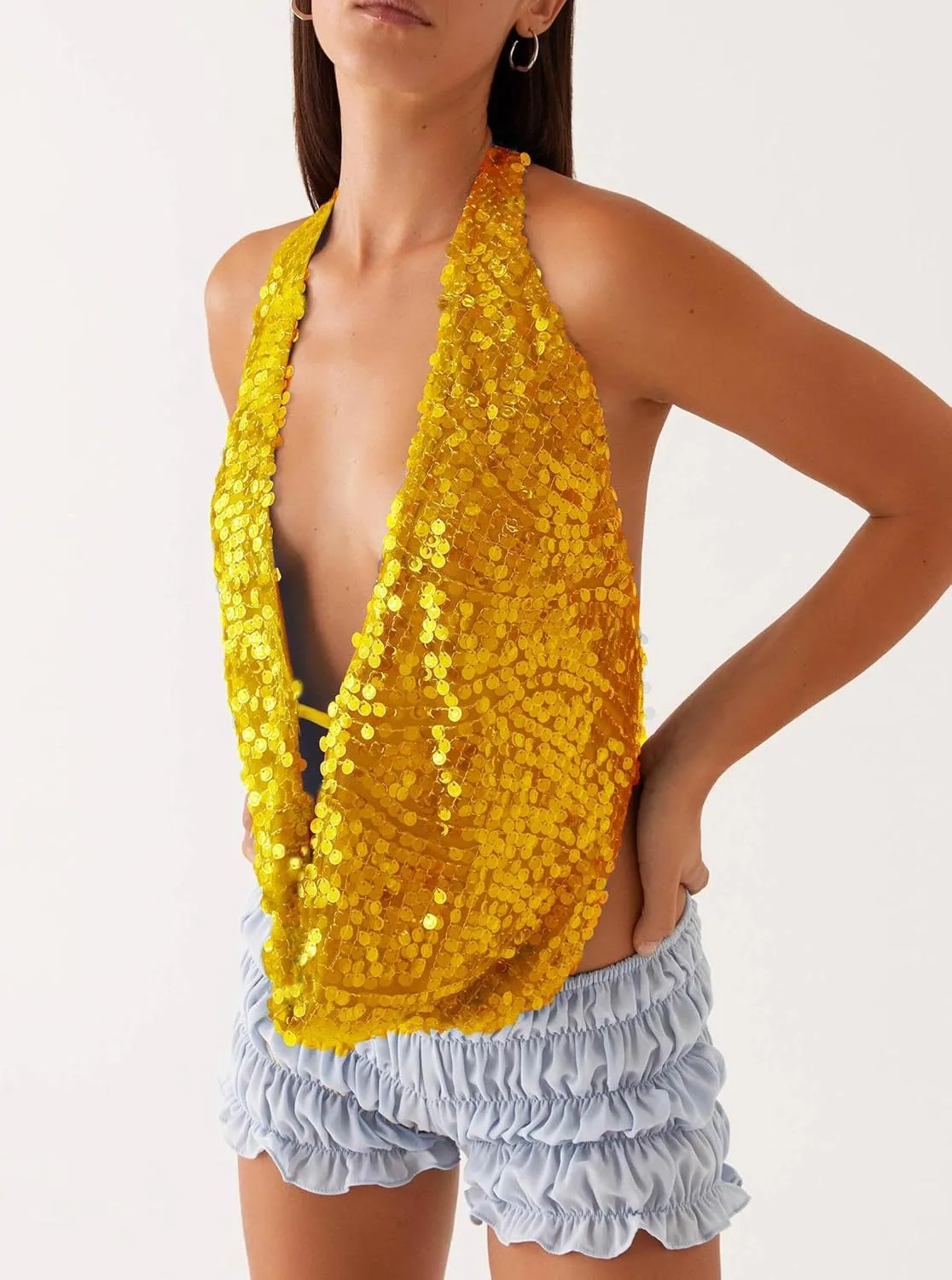Women Y2k Sequin Beaded Cami Tops Backless Cowl Neck Spaghetti Strap Pearl Sparkle Glitter Cropped Tank Top
