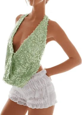 Women Y2k Sequin Beaded Cami Tops Backless Cowl Neck Spaghetti Strap Pearl Sparkle Glitter Cropped Tank Top