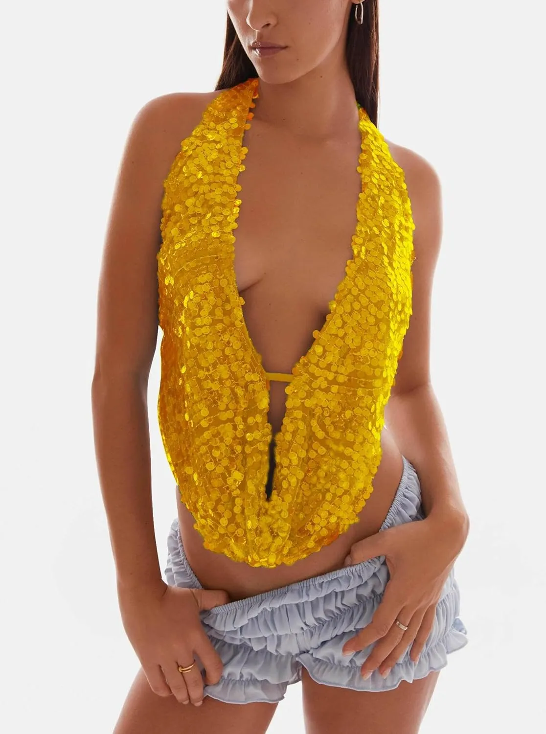 Women Y2k Sequin Beaded Cami Tops Backless Cowl Neck Spaghetti Strap Pearl Sparkle Glitter Cropped Tank Top