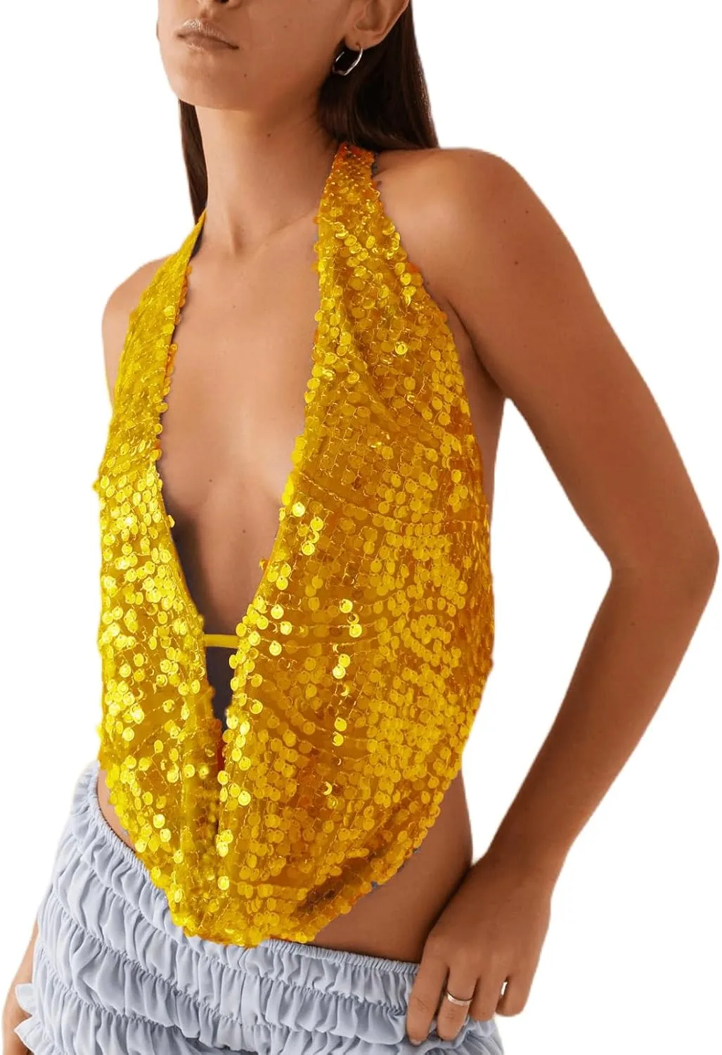 Women Y2k Sequin Beaded Cami Tops Backless Cowl Neck Spaghetti Strap Pearl Sparkle Glitter Cropped Tank Top