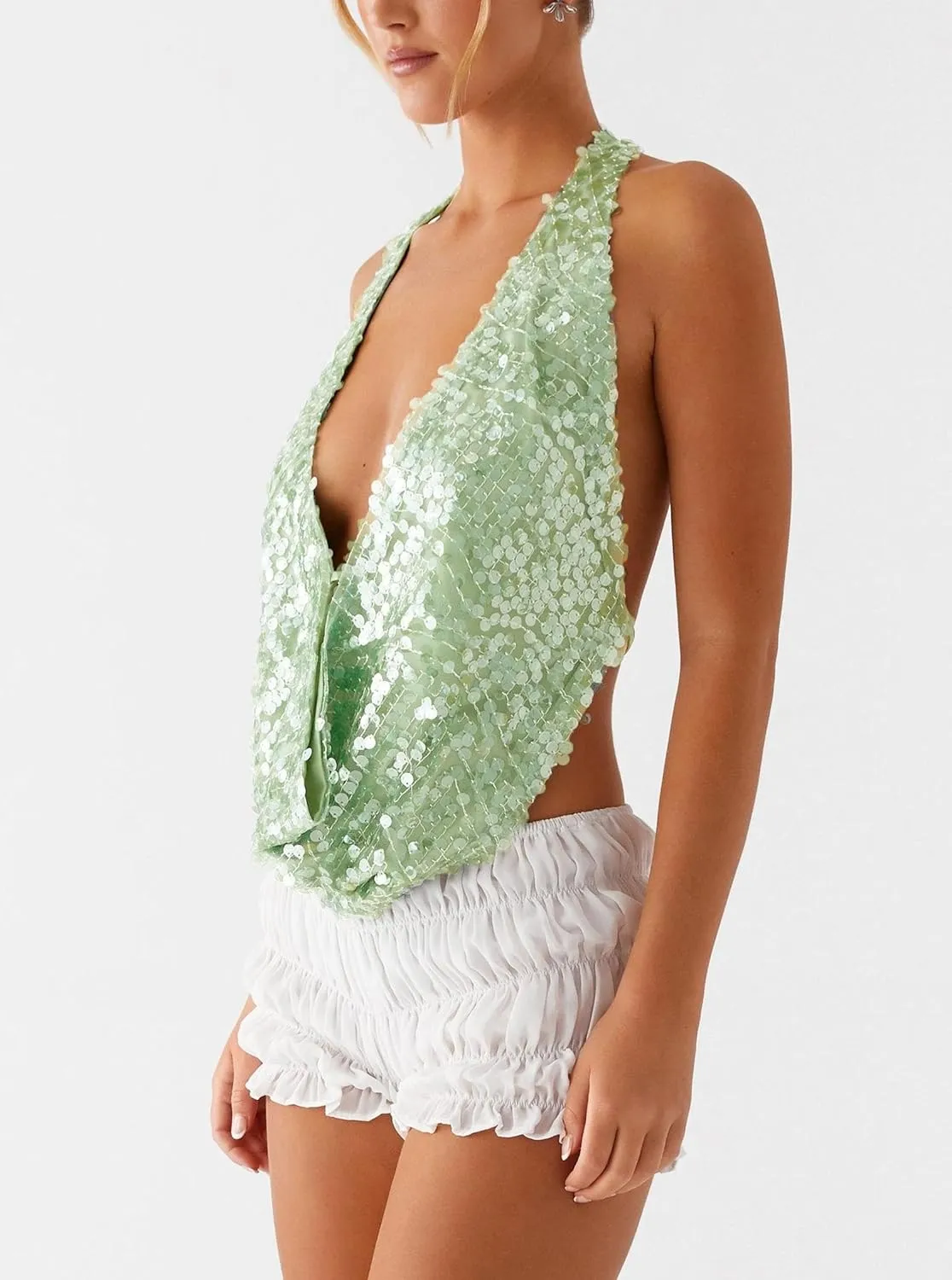 Women Y2k Sequin Beaded Cami Tops Backless Cowl Neck Spaghetti Strap Pearl Sparkle Glitter Cropped Tank Top
