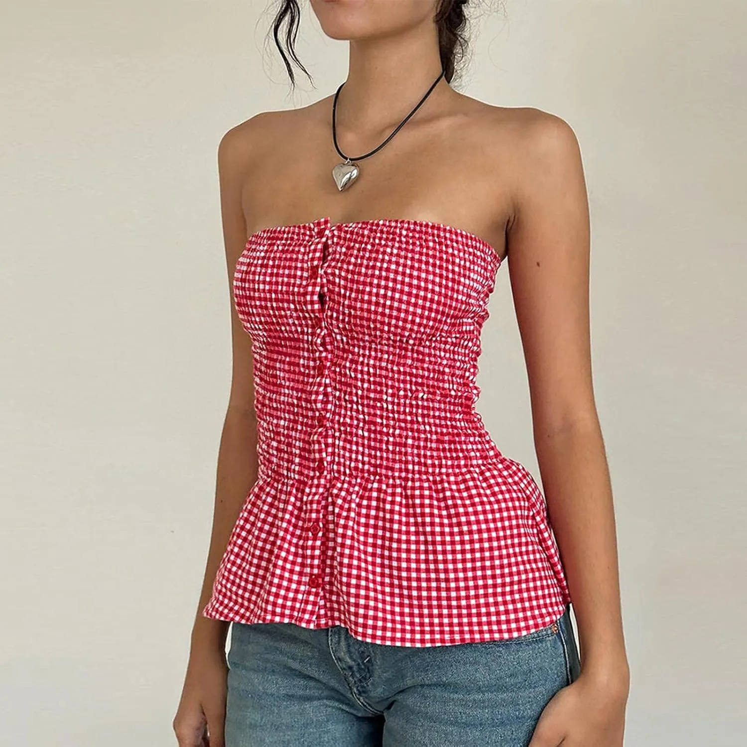 Women Y2k Strapless Tube Top Cute Sleeveless Ruffle Hem Babydoll Tank Top E-Girl Aesthetic Smocked Crop Top Clubwear