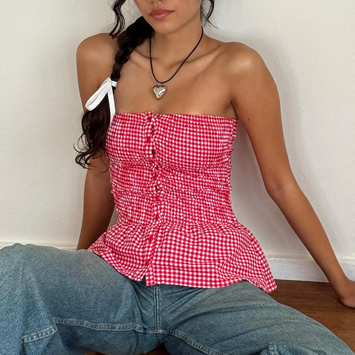 Women Y2k Strapless Tube Top Cute Sleeveless Ruffle Hem Babydoll Tank Top E-Girl Aesthetic Smocked Crop Top Clubwear