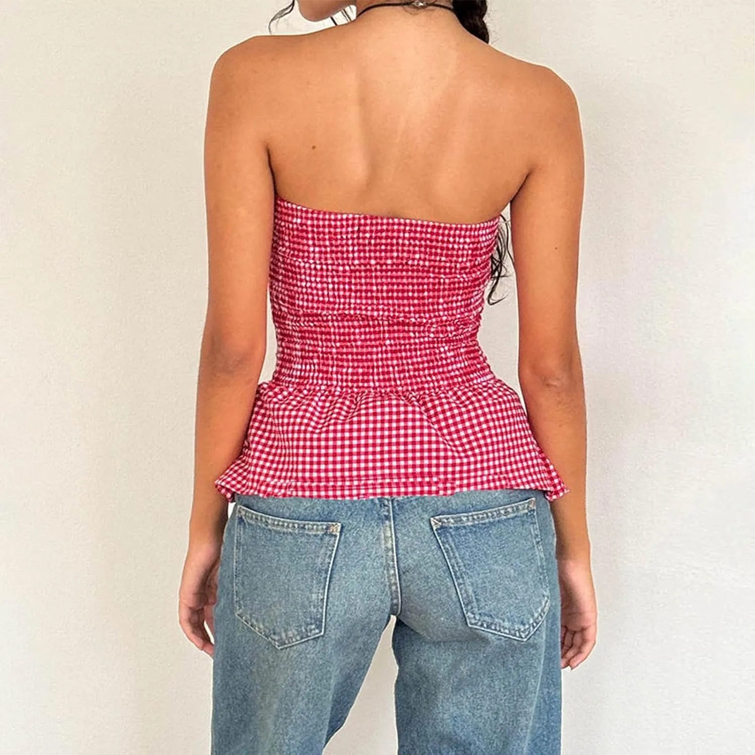 Women Y2k Strapless Tube Top Cute Sleeveless Ruffle Hem Babydoll Tank Top E-Girl Aesthetic Smocked Crop Top Clubwear