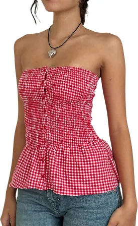 Women Y2k Strapless Tube Top Cute Sleeveless Ruffle Hem Babydoll Tank Top E-Girl Aesthetic Smocked Crop Top Clubwear