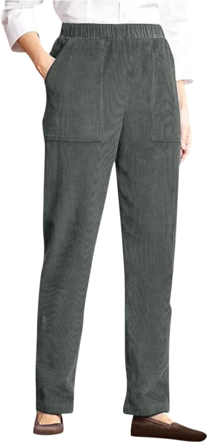 Women's Elastic Waist Winter Casual Pants with Pockets Fashion Thermal Corduroy Trousers Solid Colour Straight Pant