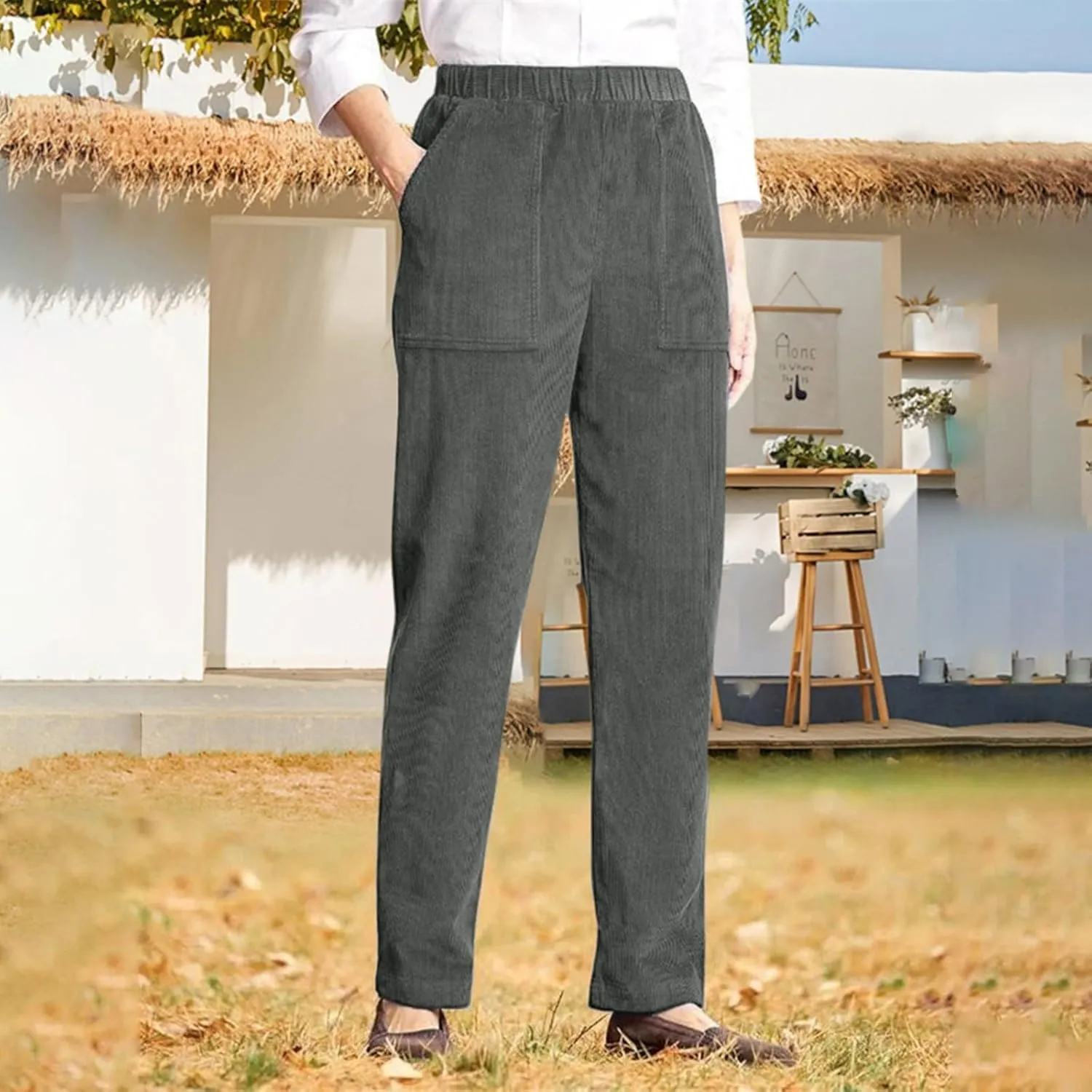 Women's Elastic Waist Winter Casual Pants with Pockets Fashion Thermal Corduroy Trousers Solid Colour Straight Pant