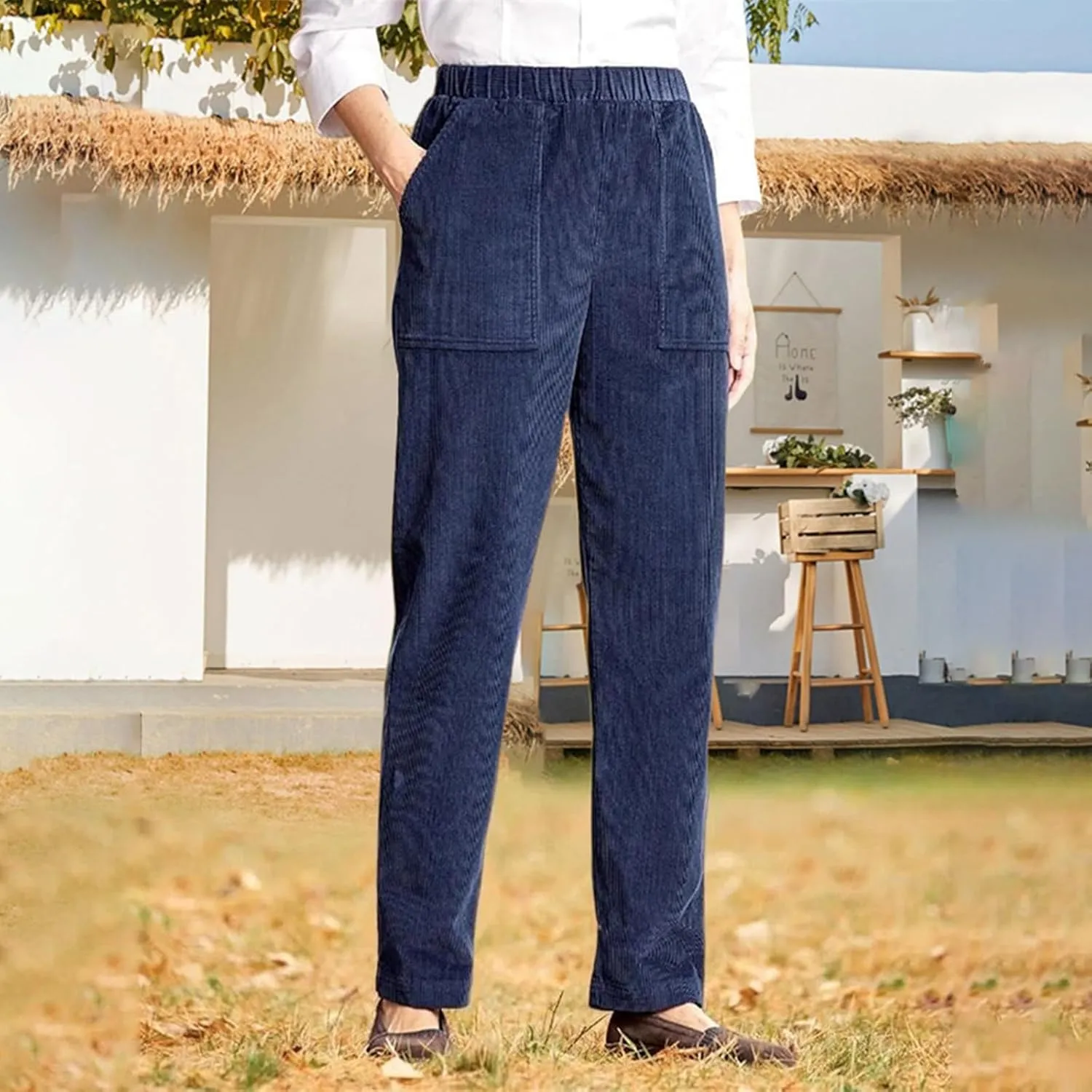 Women's Elastic Waist Winter Casual Pants with Pockets Fashion Thermal Corduroy Trousers Solid Colour Straight Pant