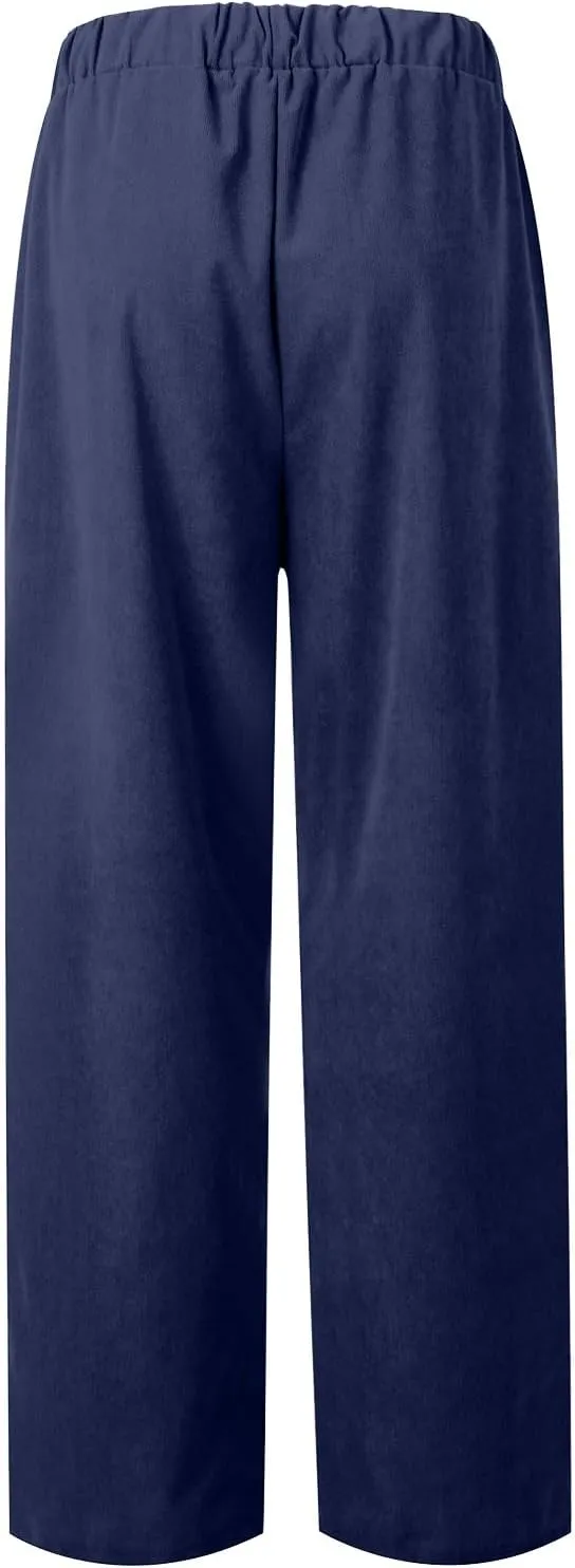 Women's Elastic Waist Winter Casual Pants with Pockets Fashion Thermal Corduroy Trousers Solid Colour Straight Pant