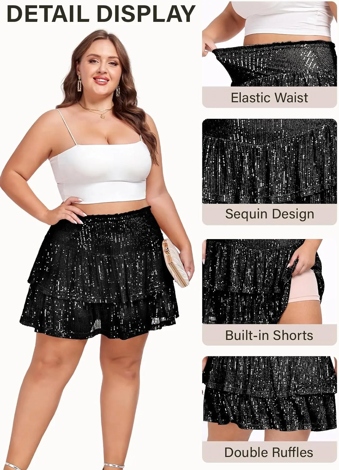 Women's Sequin Short Skirt High Waist Sparkly Ruffle Mini Skater Skirt Glitter Tiered Skirt Night Out Party