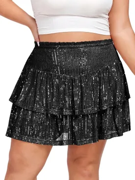 Women's Sequin Short Skirt High Waist Sparkly Ruffle Mini Skater Skirt Glitter Tiered Skirt Night Out Party