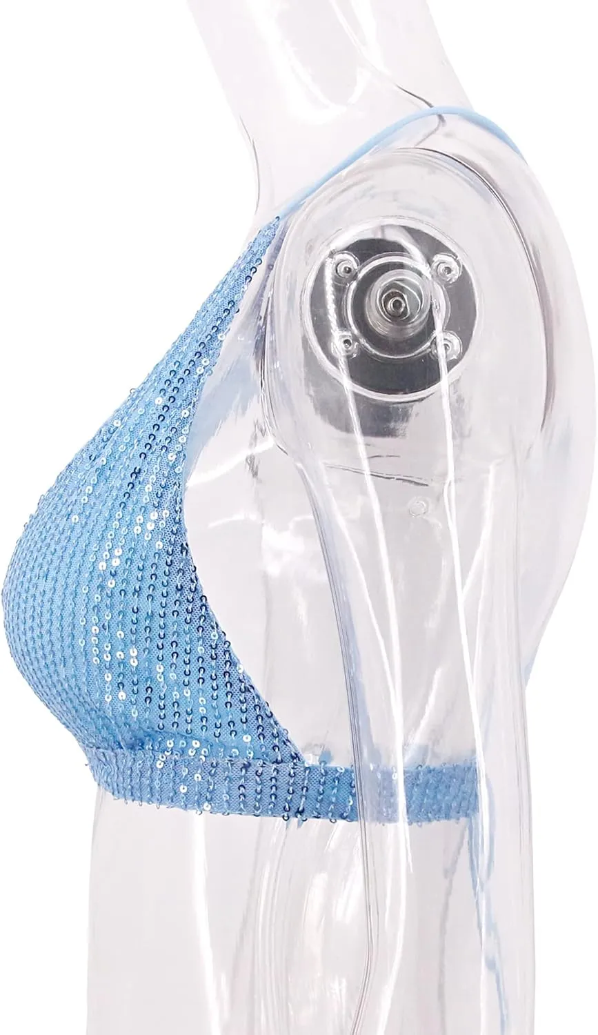 Womens Sexy Sequin Crop Top V Neck Bandage Tank Top Bustier Cami Dance Bra Top for Club Rave