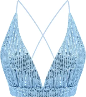 Womens Sexy Sequin Crop Top V Neck Bandage Tank Top Bustier Cami Dance Bra Top for Club Rave