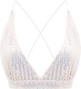 Womens Sexy Sequin Crop Top V Neck Bandage Tank Top Bustier Cami Dance Bra Top for Club Rave