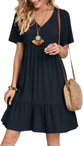 Womens Summer Dresses V-Neck Flutter Sleeve Flowy Short Dress Casual Mini Dress A-Line Ruffle Tiered Swing Dresses