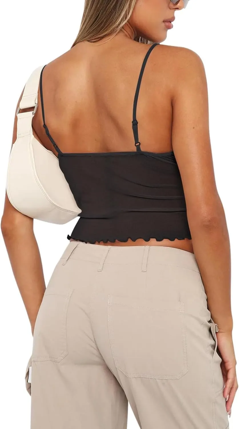 Women's Y2K Lace Cami Tank Top Sexy Spaghetti Strap Crop Camisole Backless Bustier 2024 Summer Going Out Tops