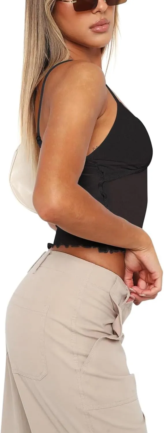 Women's Y2K Lace Cami Tank Top Sexy Spaghetti Strap Crop Camisole Backless Bustier 2024 Summer Going Out Tops
