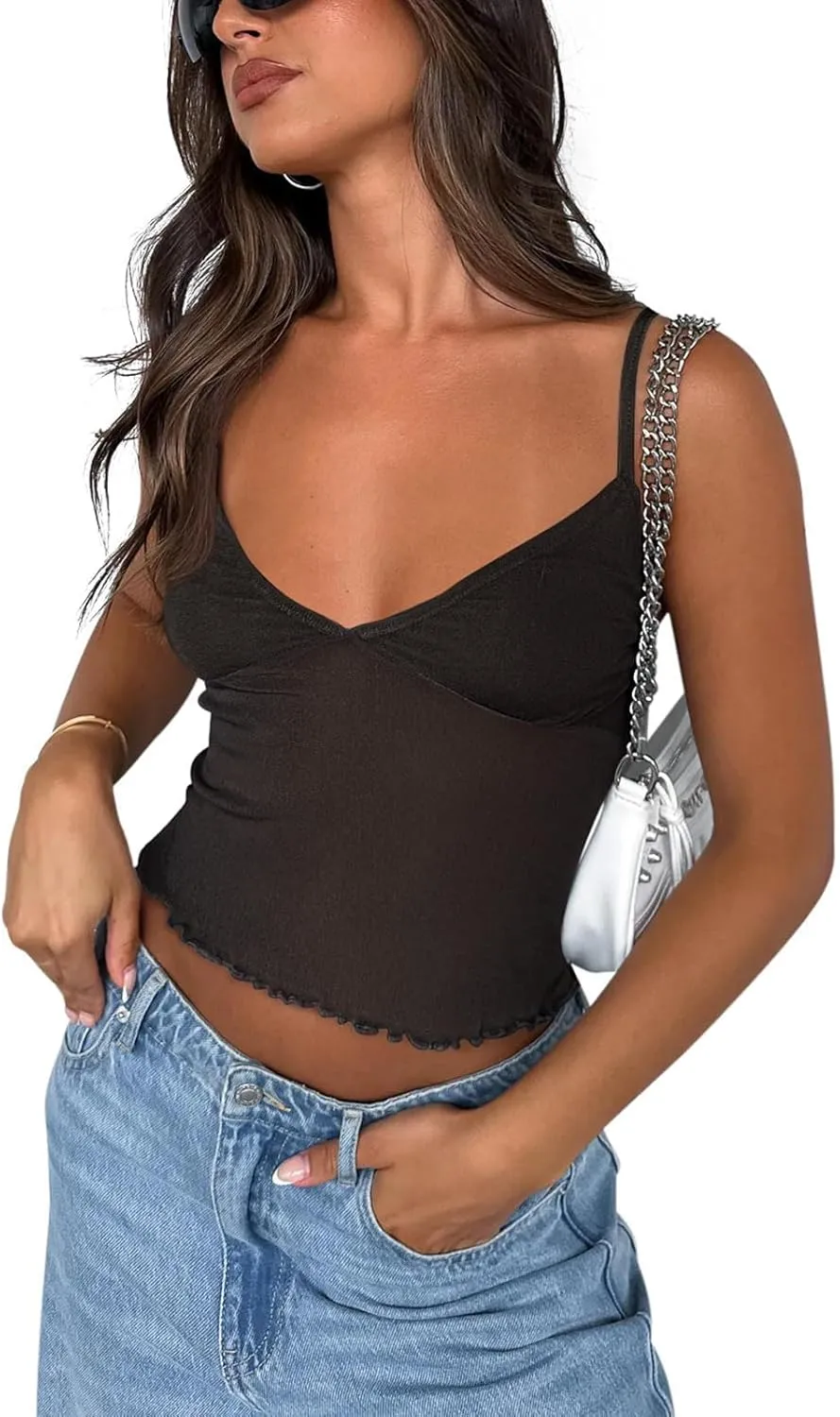Women's Y2K Lace Cami Tank Top Sexy Spaghetti Strap Crop Camisole Backless Bustier 2024 Summer Going Out Tops