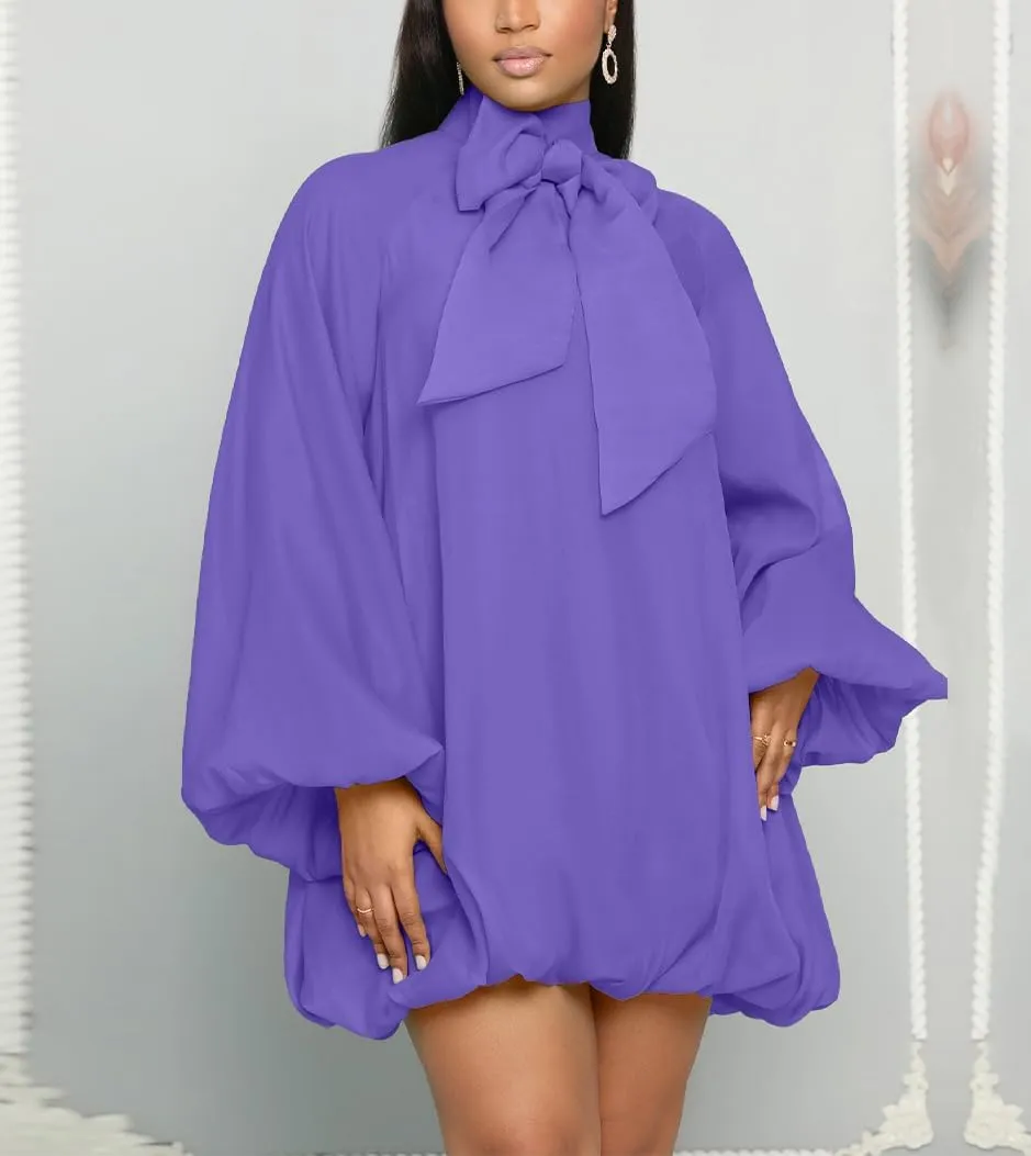 Yanfoam Women's Puff Long Sleeve Sweetheart Round Neck Dress Flowy Loose Chiffon for Cocktail Party Mini Dress