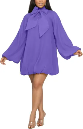 Yanfoam Women's Puff Long Sleeve Sweetheart Round Neck Dress Flowy Loose Chiffon for Cocktail Party Mini Dress