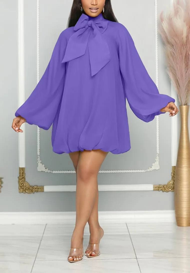 Yanfoam Women's Puff Long Sleeve Sweetheart Round Neck Dress Flowy Loose Chiffon for Cocktail Party Mini Dress
