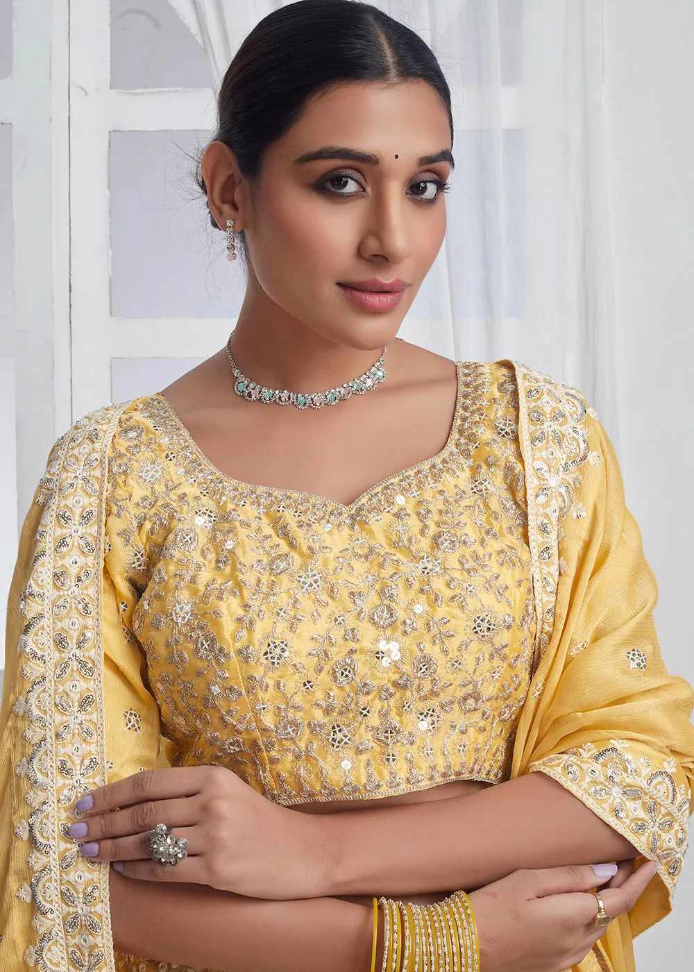 Yellow Designer Style Embroidered Wedding Lehenga Choli